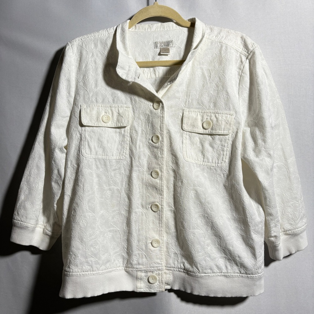 VTG C&B White Floral Embroidered Lightweight Button Up Shirt Jacket Cottage L